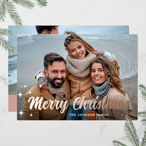 2 PHOTO Sparkle Merry Christmas Greeting Rose Gold Foil Holiday Card