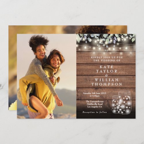 2 Photo String Lights Rustic Jars Greenery Wedding Invitation