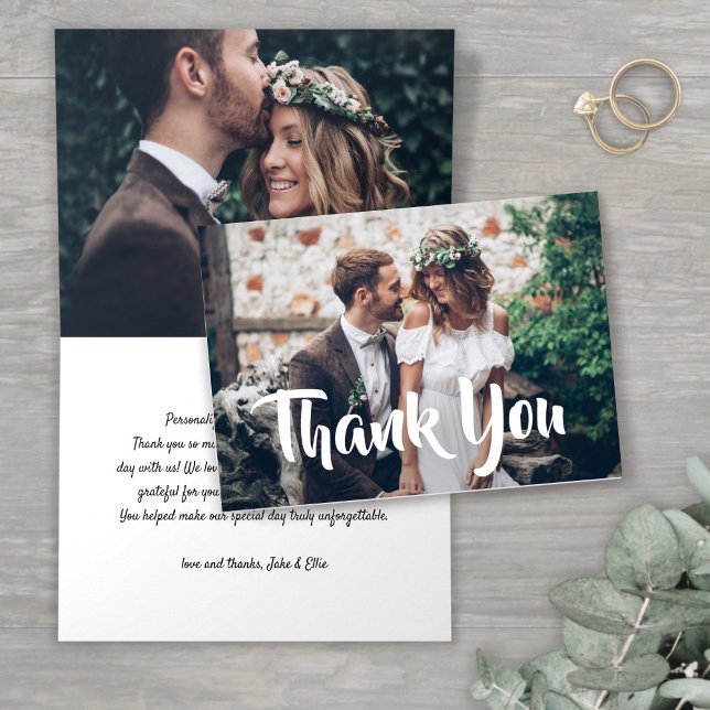 2 Photo Stylish Modern Script Folded Wedding Letterpress Thank You Card (Creator Uploaded)