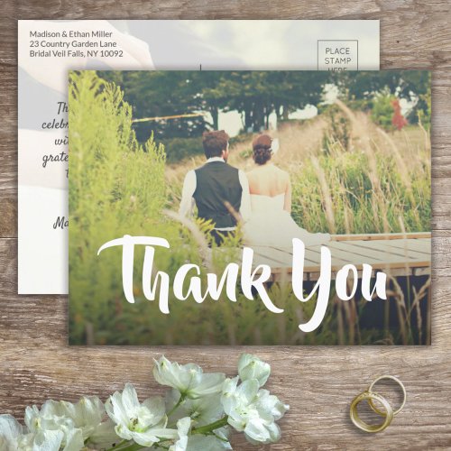2 Photo Stylish Modern Script Wedding Thank You Announcement Postcard
