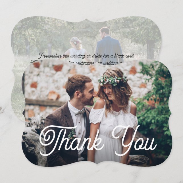 2 Photo Stylish Retro Script Elegant Shape Wedding Thank You Card (Front/Back)