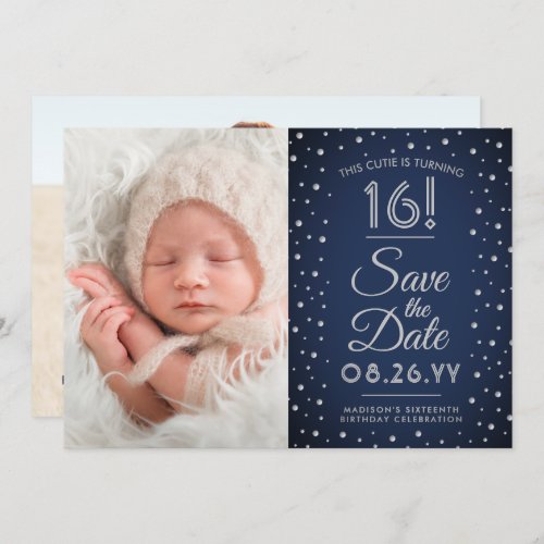 2 Photo Sweet 16 Birthday Chic Navy Blue Confetti Save The Date