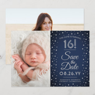2 Photo Sweet 16 Birthday Chic Navy Blue Confetti Save The Date