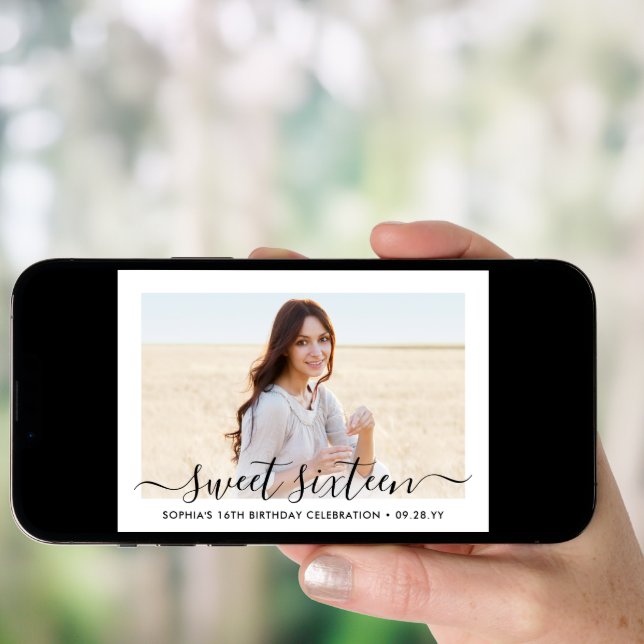2 Photo Sweet 16 Birthday Modern Elegant Script Invitation (Front Digital)