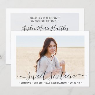 2 Photo Sweet 16 Birthday Modern Elegant Script Invitation