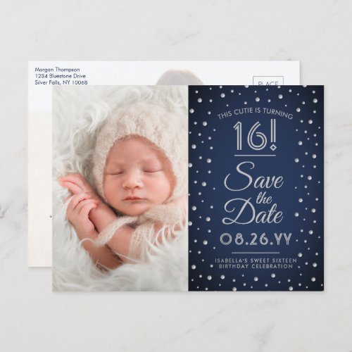 2 Photo Sweet 16 Birthday Navy Blue Save the Date Invitation Postcard