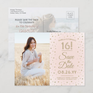2 Photo Sweet 16 Birthday Save the Date Blush Gold Invitation Postcard
