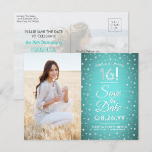 2 Photo Sweet 16 Birthday Save the Date Teal Blue Invitation Postcard