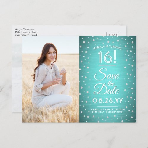 2 Photo Sweet 16 Birthday Save the Date Teal Blue Invitation Postcard