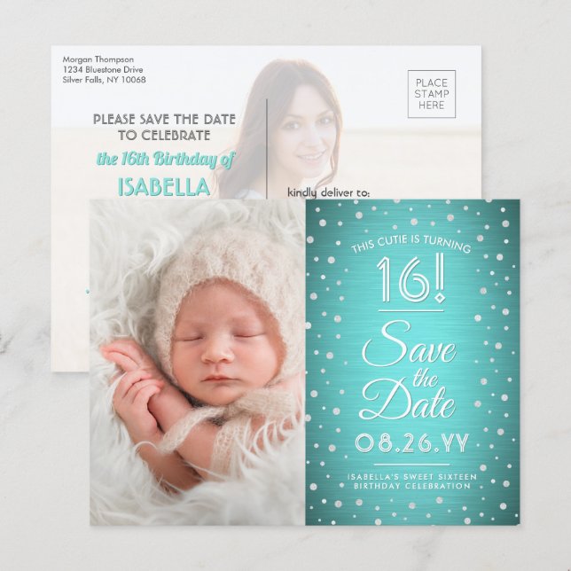 2 Photo Sweet 16 Birthday Teal Blue Save the Date Invitation Postcard (Front/Back)