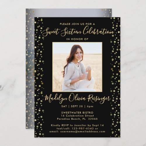 2 Photo Sweet 16 Modern Black and Gold Glitter Invitation