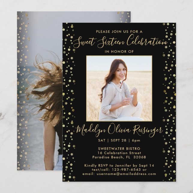 2 Photo Sweet 16 Modern Black and Gold Glitter Invitation (Front/Back)