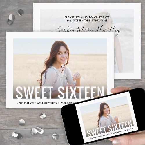 2 Photo Sweet 16 Modern Minimal Sixteenth Birthday Invitation