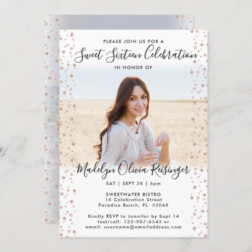 2 Photo Sweet 16 Modern Pink Rose Gold Glitter Invitation