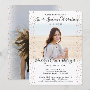 2 Photo Sweet 16 Modern Pink Rose Gold Glitter Invitation