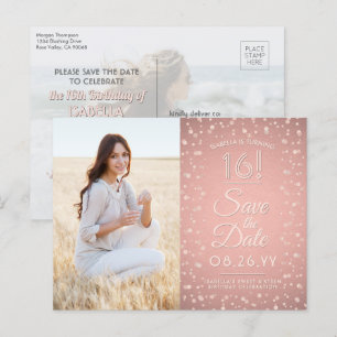 2 Photo Sweet 16 Save the Date Rose Gold Glitter Invitation Postcard