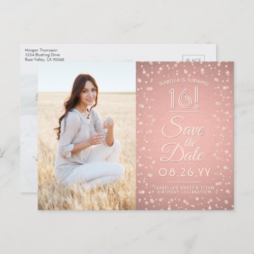 2 Photo Sweet 16 Save the Date Rose Gold Glitter Invitation Postcard