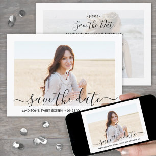 2 Photo Sweet 16th Birthday Chic Script Sixteenth Save The Date