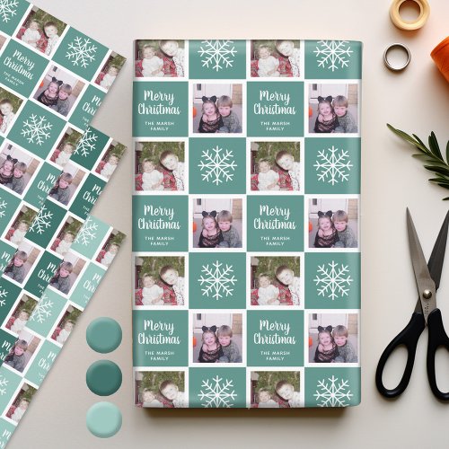 2 Photo Teal Greens _ Merry Christmas Snowflakes Wrapping Paper Sheets