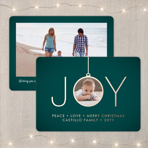 2 Photo Teal Modern Joy Christmas Ornament Real Foil Holiday Card