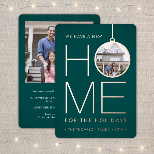 2 Photo Teal New Home Address Modern Rose Gold Foil Holiday Card