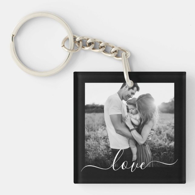 2 Photo Template Double Sided Love Text Black Keyc Keychain (Front)