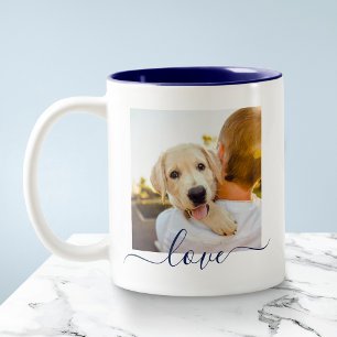 2 Photo Template Double Sided Love Text Deep Blue Two-Tone Coffee Mug