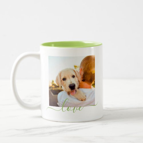 2 Photo Template Double Sided Love Text Green Two_Tone Coffee Mug