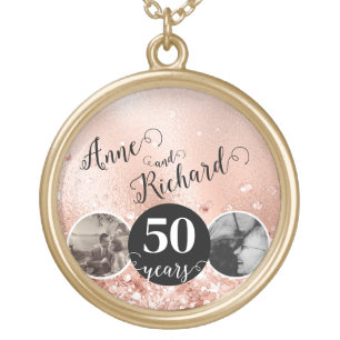 2 Photo Then and Now ANY YEAR Wedding Anniversary Gold Plated Necklace