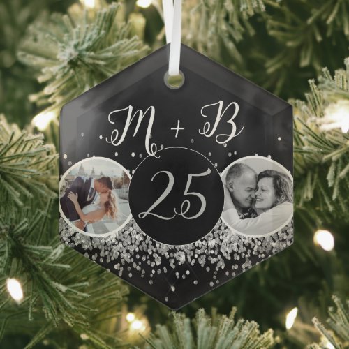 2 Photo Then and Now Silver 25 Wedding Anniversary Glass Ornament
