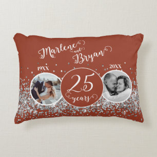 2 Photo "Then and Now" Silver Wedding Anniversary Accent Pillow