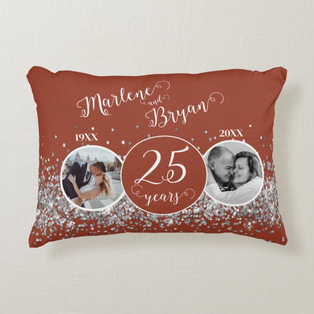 2 Photo "Then and Now" Silver Wedding Anniversary  Accent Pillow (Front)