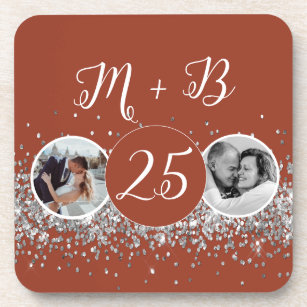 2 Photo Then and Now Wedding Anniversary Beverage Coaster
