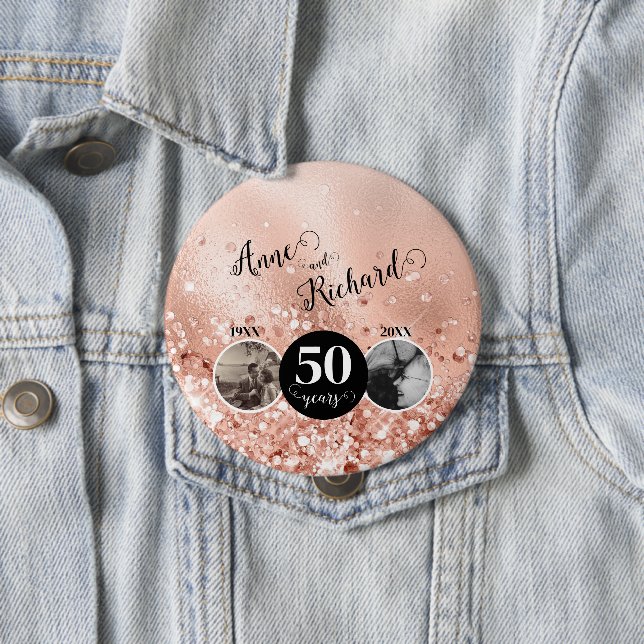 2 Photo "Then and Now" Wedding Anniversary Button (In Situ)