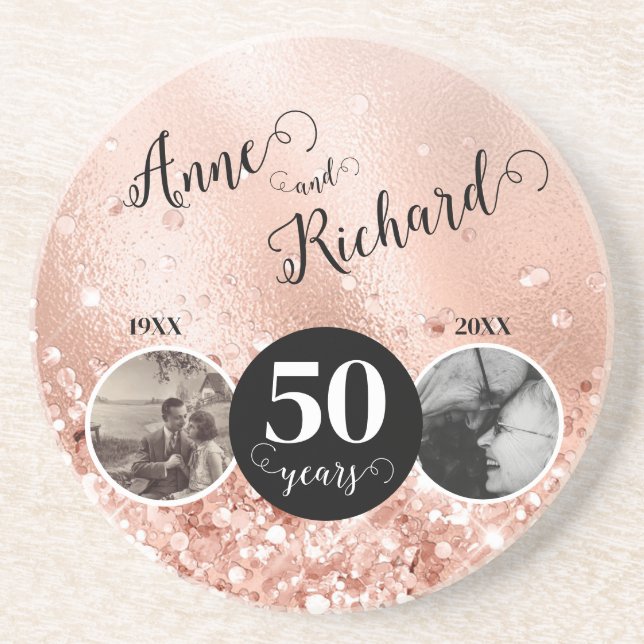 2 Photo "Then and Now" Wedding Anniversary Coaster (Front)