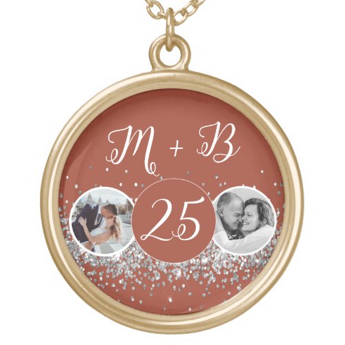 2 Photo Then and Now Wedding Anniversary Gold Plated Necklace