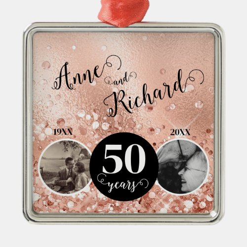 2 Photo Then and Now Wedding Anniversary Metal Ornament