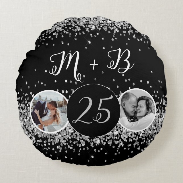 2 Photo Then and Now Wedding Anniversary Round Pillow (Front)