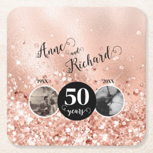2 Photo "Then and Now" Wedding Anniversary Square Paper Coaster