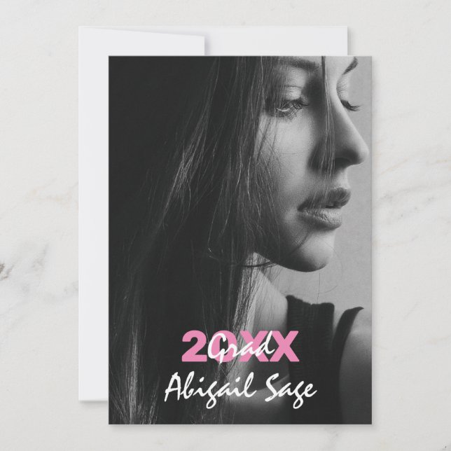 2 Photo Trendy Modern Pink and White Graduation Invitation (Front)