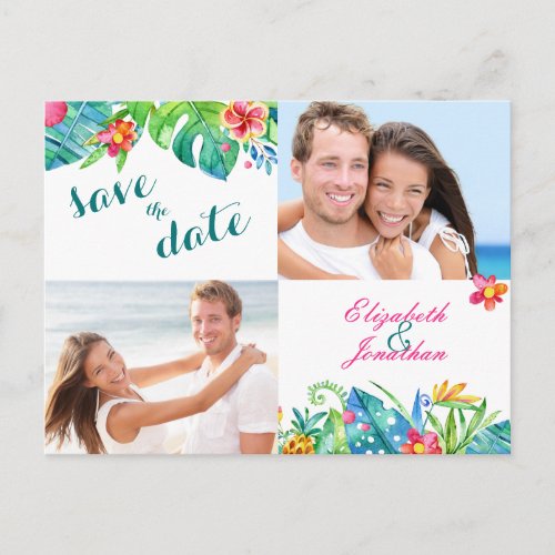 2 Photo Tropical Beach Pink Teal Floral Ombre Announcement Postcard