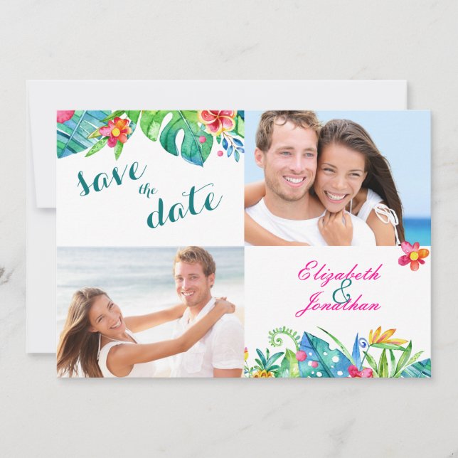 2 Photo Tropical Berry Pink Teal Floral Chevron Save The Date (Front)