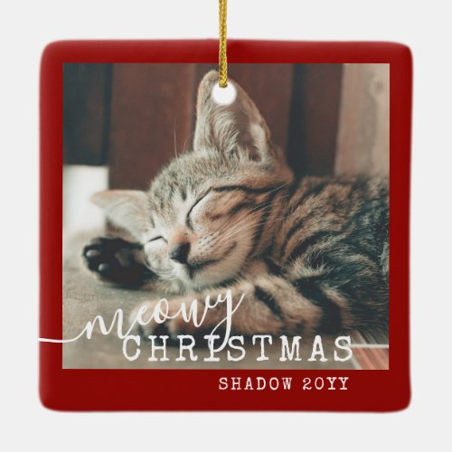 2 Photo Two Cats Meowy Christmas Rustic Red Ceramic Ornament