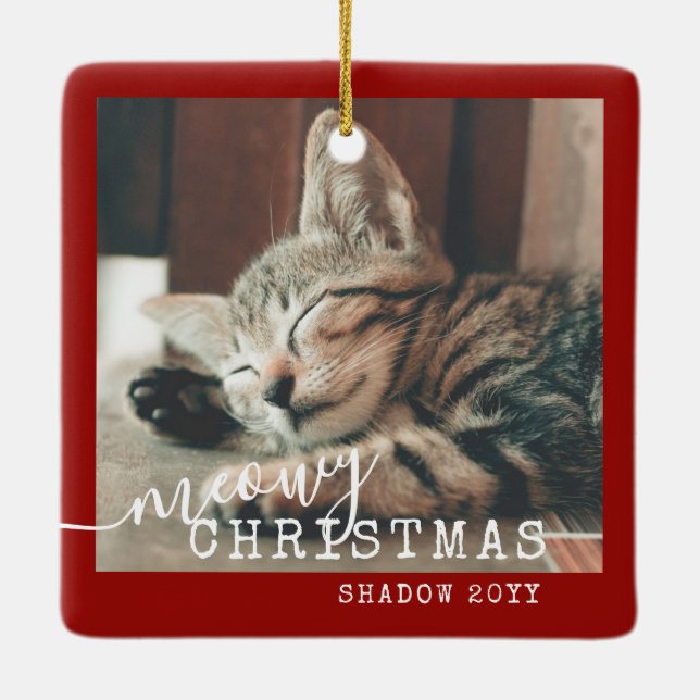 2 Photo Two Cats Meowy Christmas Rustic Red Ceramic Ornament (Back)