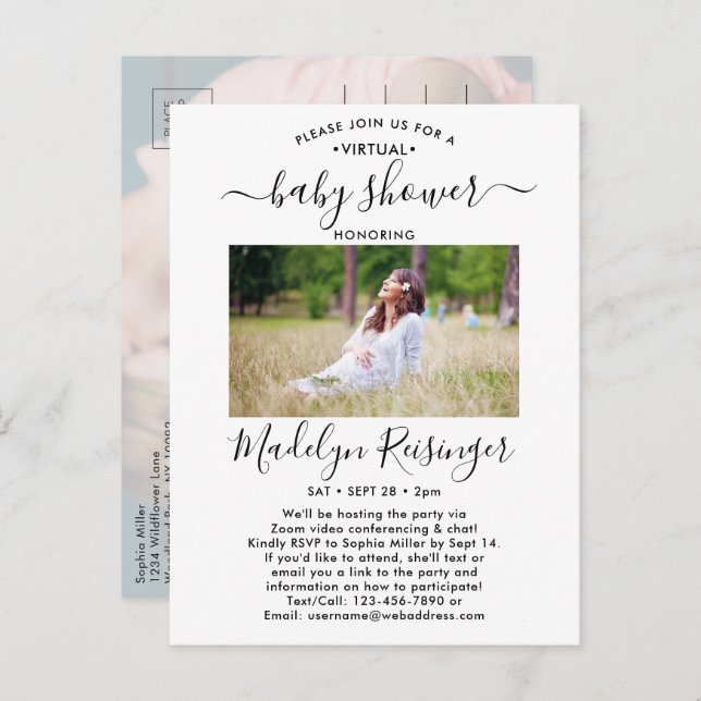 2 Photo Virtual Baby Shower by Mail Modern Script Invitation Postcard (Front/Back)