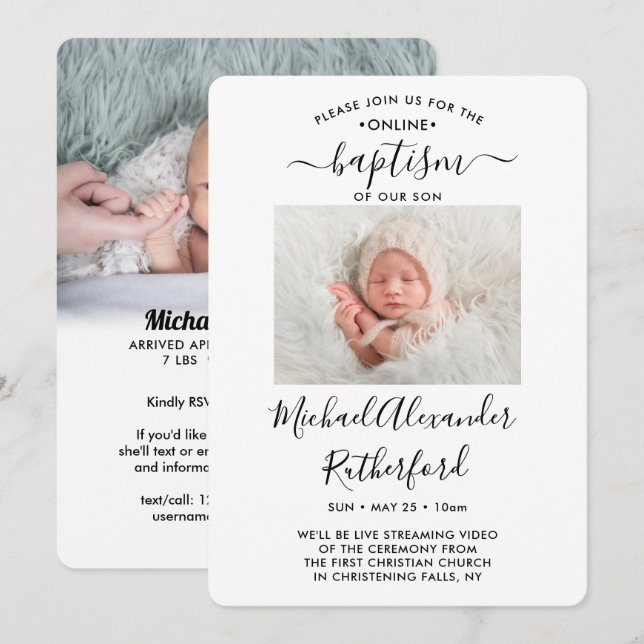 2 Photo Virtual Baptism Christening Boy or Girl Invitation (Front/Back)