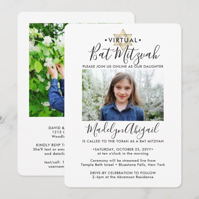 2 Photo Virtual Drive-by Bat Mitzvah Modern Zoom Invitation (Front/Back)