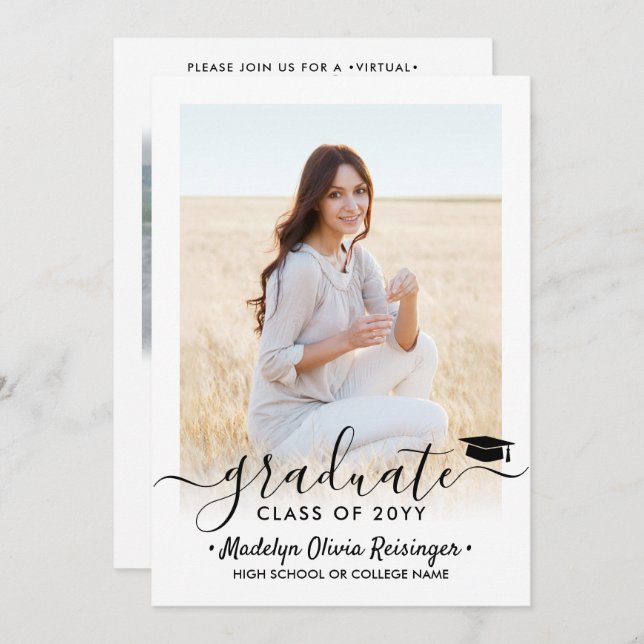 2 Photo Virtual Graduation Party Elegant Script Invitation (Front/Back)