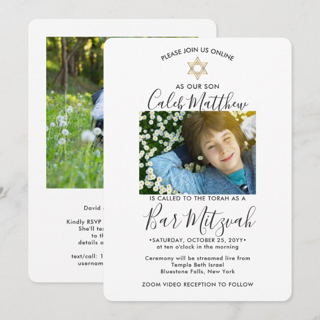 2 Photo Virtual Zoom Bar Mitzvah Modern Livestream Invitation (Front/Back)
