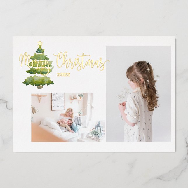2 photo Watercolor Christmas Tree Gold Photo Card (Front)